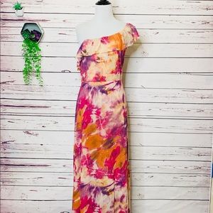 BEBE One Shoulder Pink Purple Orange Floral Maxi Dress Size Small Spring Summer